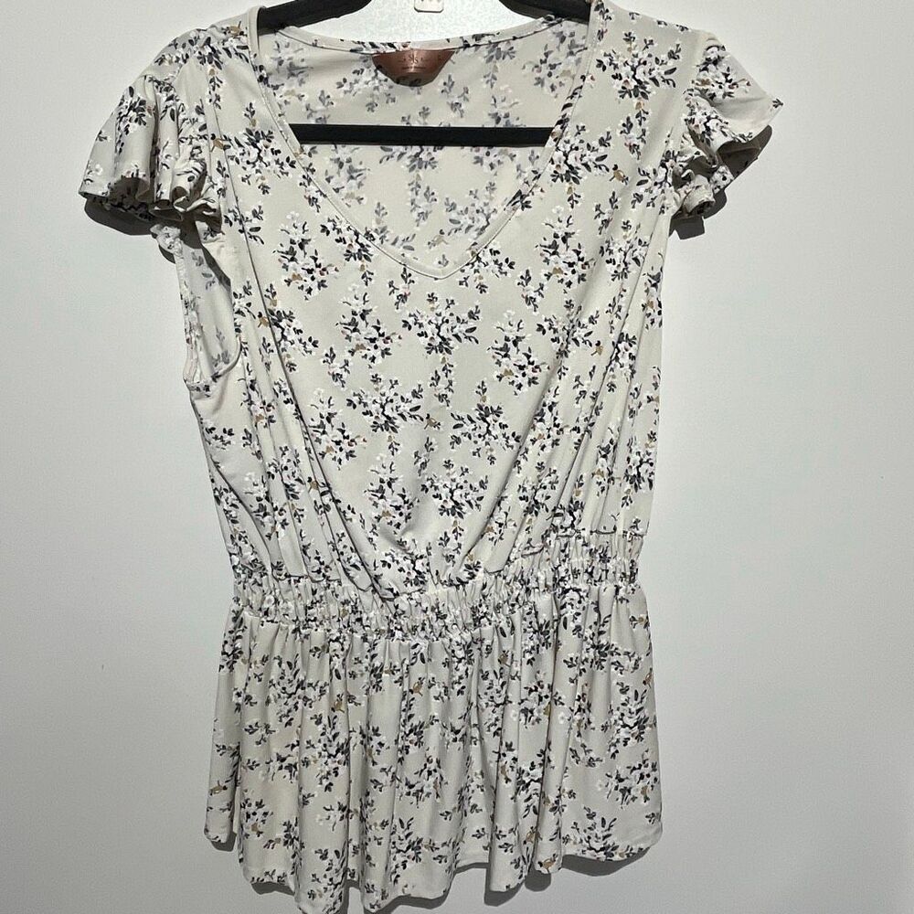 SJS Women's Multicolor Floral V-Neck Flutter Cap Sleeve Blouson Blouse Large
